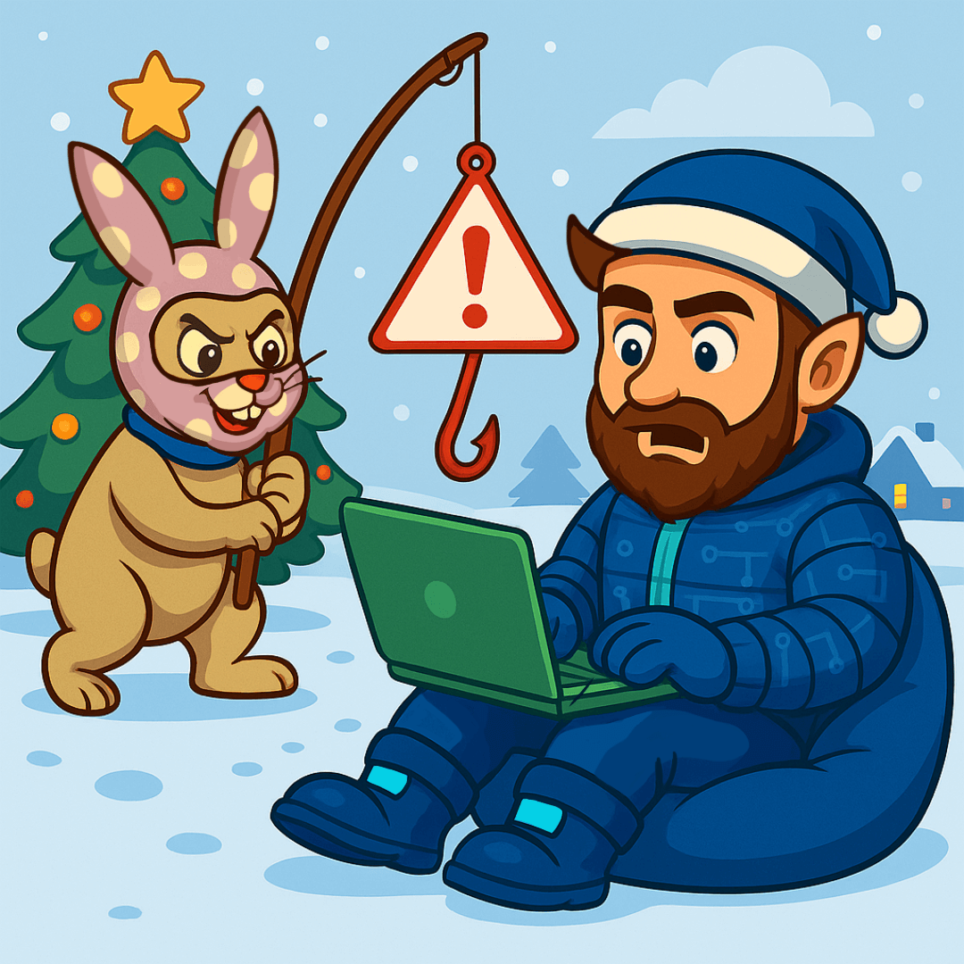 Illustration of an Elf being phished by an Eggsploit Bunny.