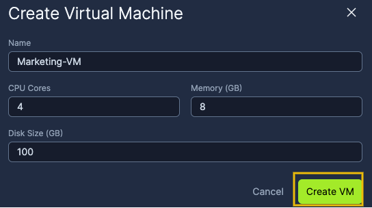 Screenshot of the form to create a VM.