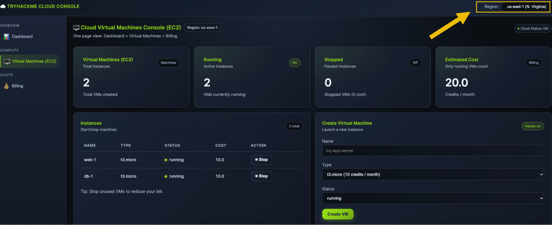 Screenshot of the cloud management application highlighting how to pick a region in the top right side of the interface.