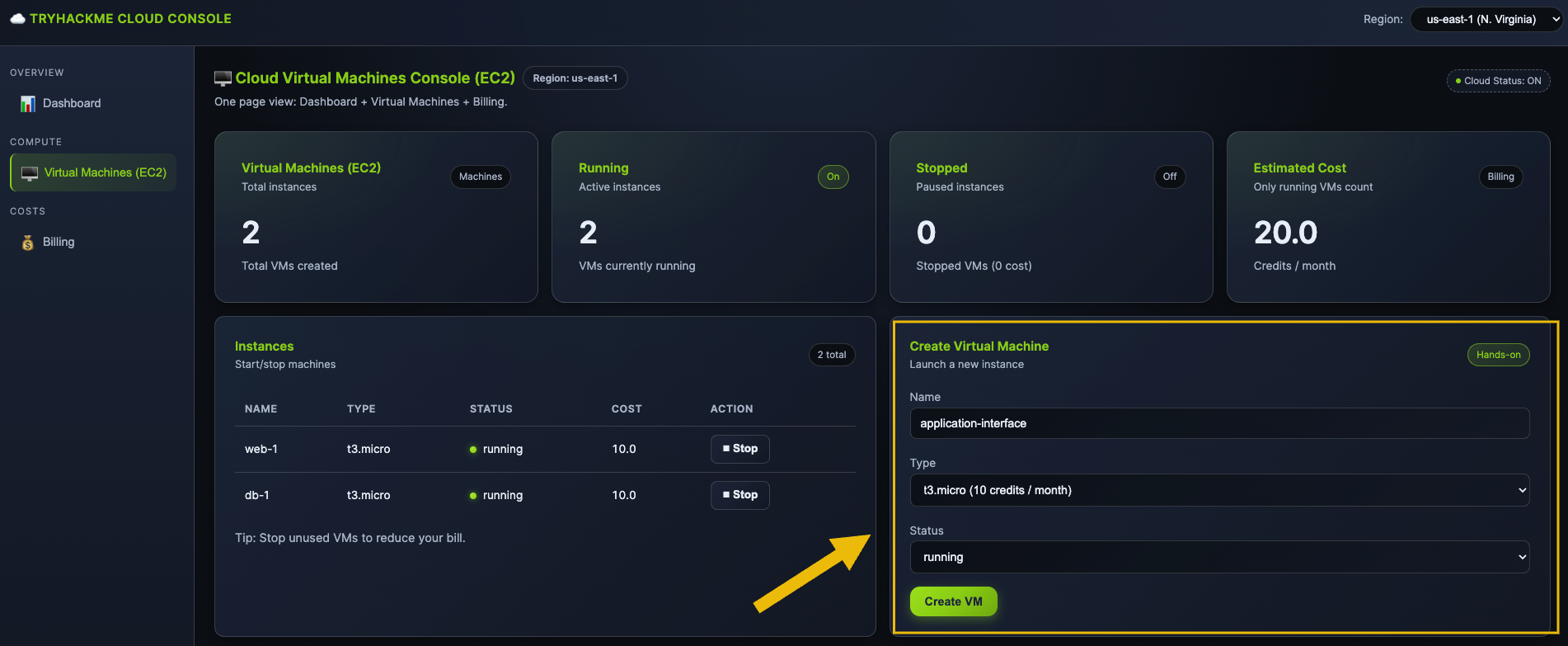 Screenshot of the Create Virtual Machine block, highlighting how to create the new virtual machine.