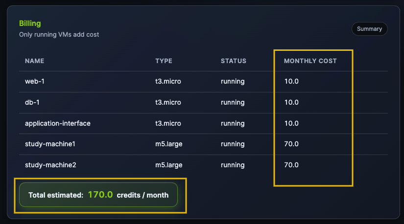 Screenshot of Billing section, highlighting the monthly cost per instance and the total cost.