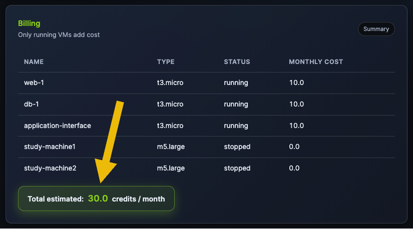 Screenshot of Billigin block, highlighting the cost reduction.
