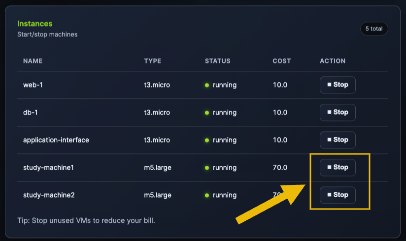 Screenshot of the Instaces block, highlighting the Stop button.