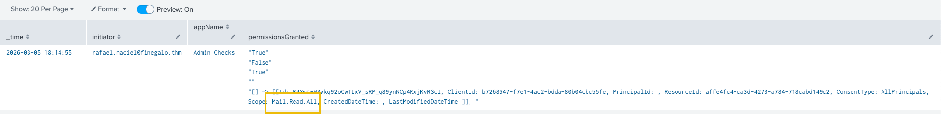 Screenshot of splunk "Consent to application" log.
