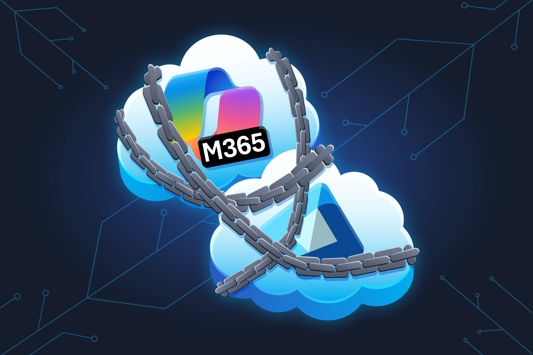 Illustration of Microsoft 365 and Entra ID tied with a chain.