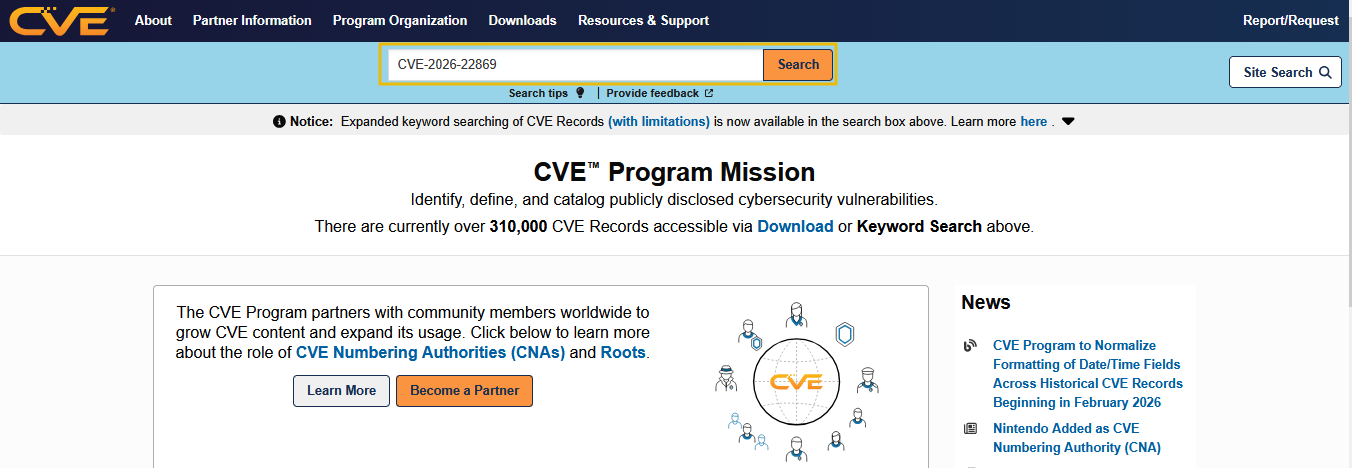 Search option on the official CVE website.