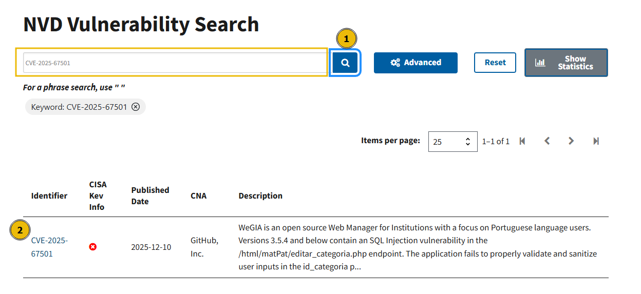 NVD Vulnerability Search page.