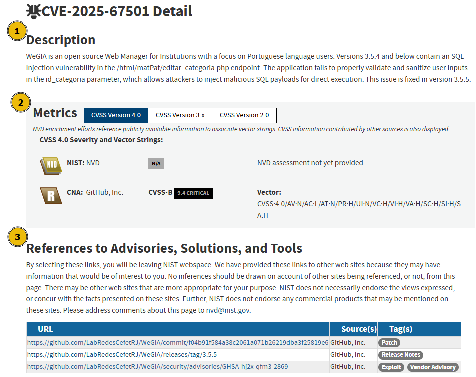 Details after searching a specific CVE.