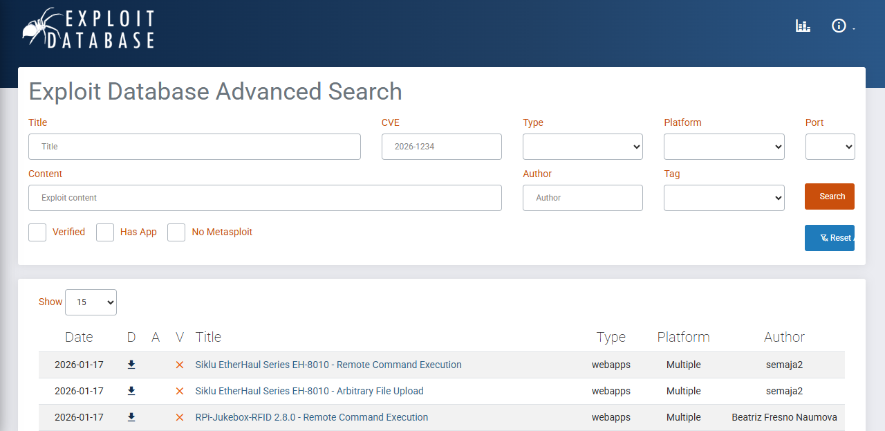 Exploit Database search page.