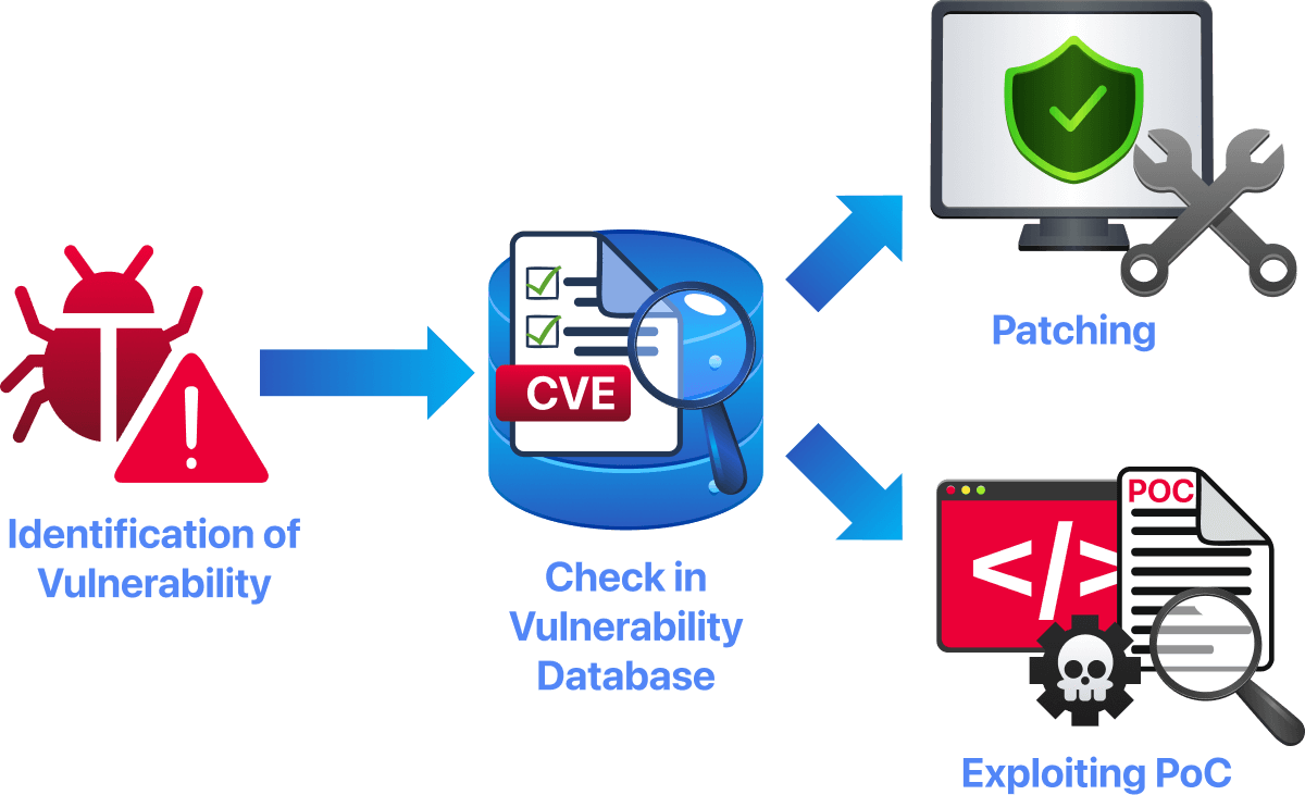 Diagram showing Vulnerability → Database → Exploit / Patch / Security Tool.