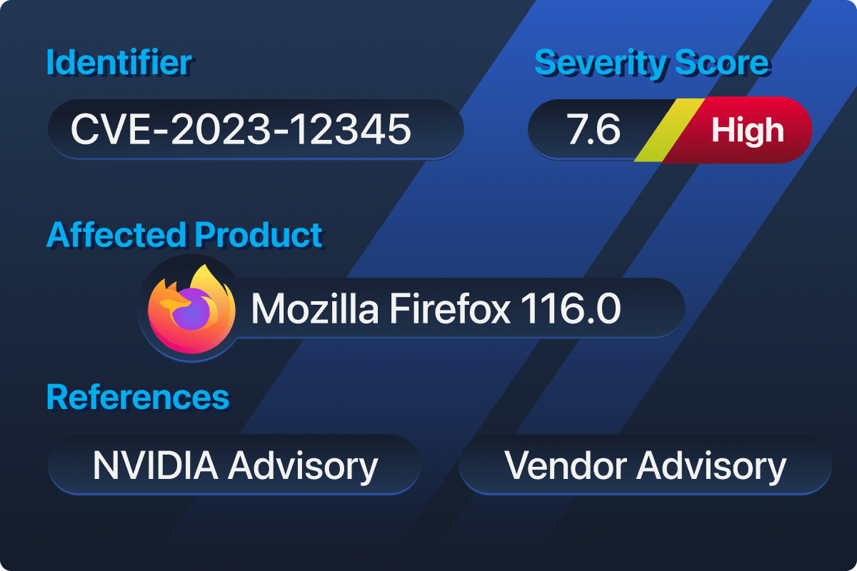 Vulnerability record showing identifier, severity score, affected product, and references.