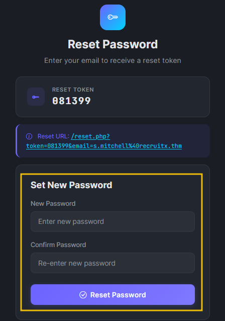 Reset password form showing option to set new password.