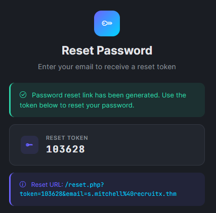 Reset Password form after submitting the request.
