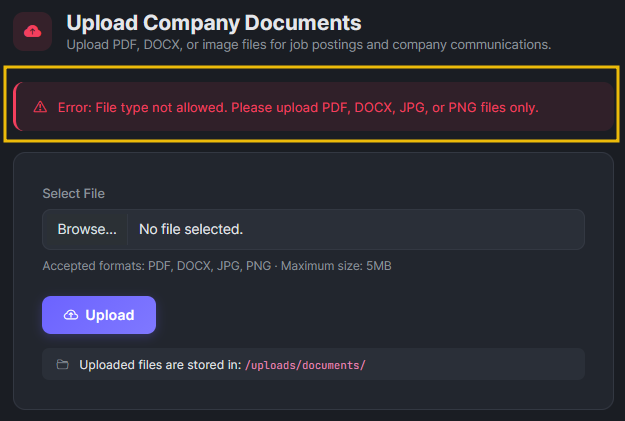 Upload form showing error.