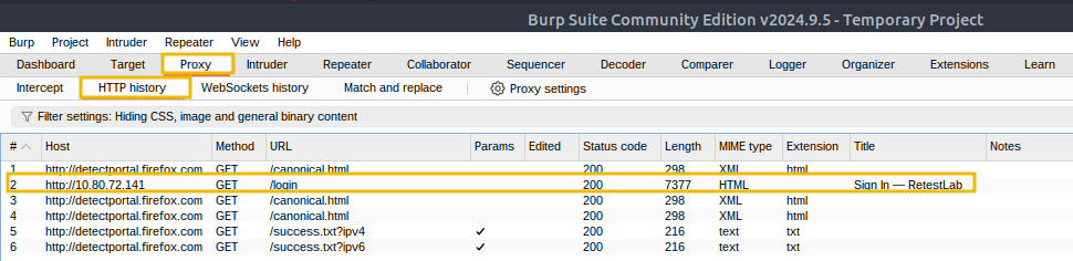 Burp Suite History tab option.